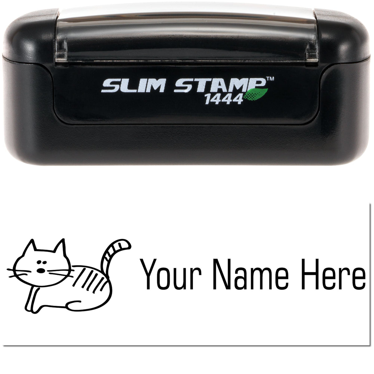 Black Slim Stamp 1444 self-inking stamp and seal with cat design and customizable Your Name Here text