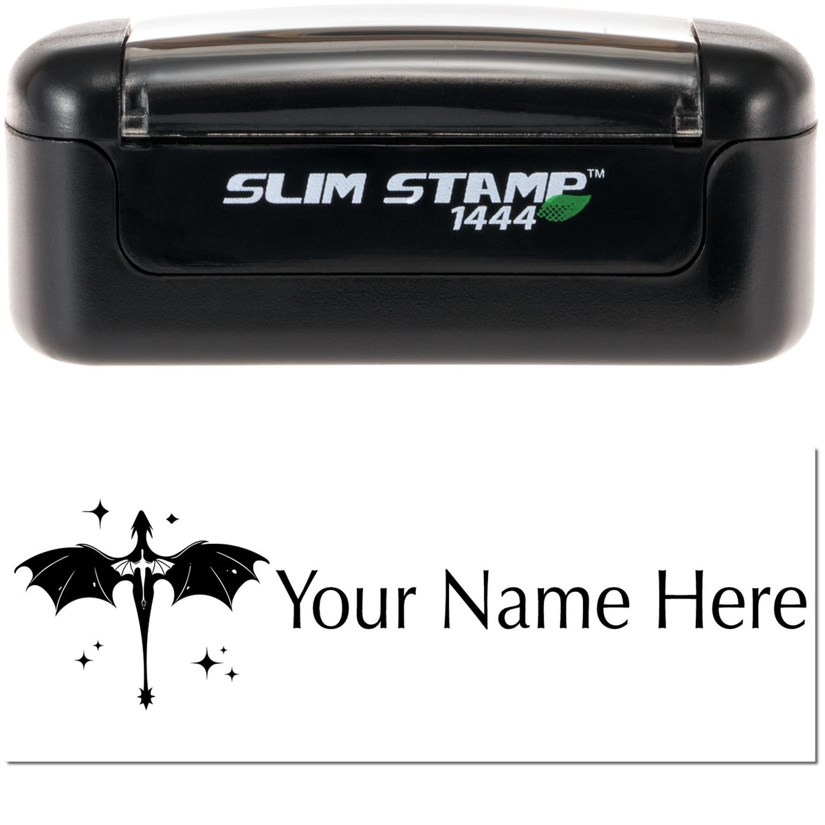 Black Slim Stamp 1444 self-inking stamp with green leaf logo and custom dragon seal reading Your Name Here