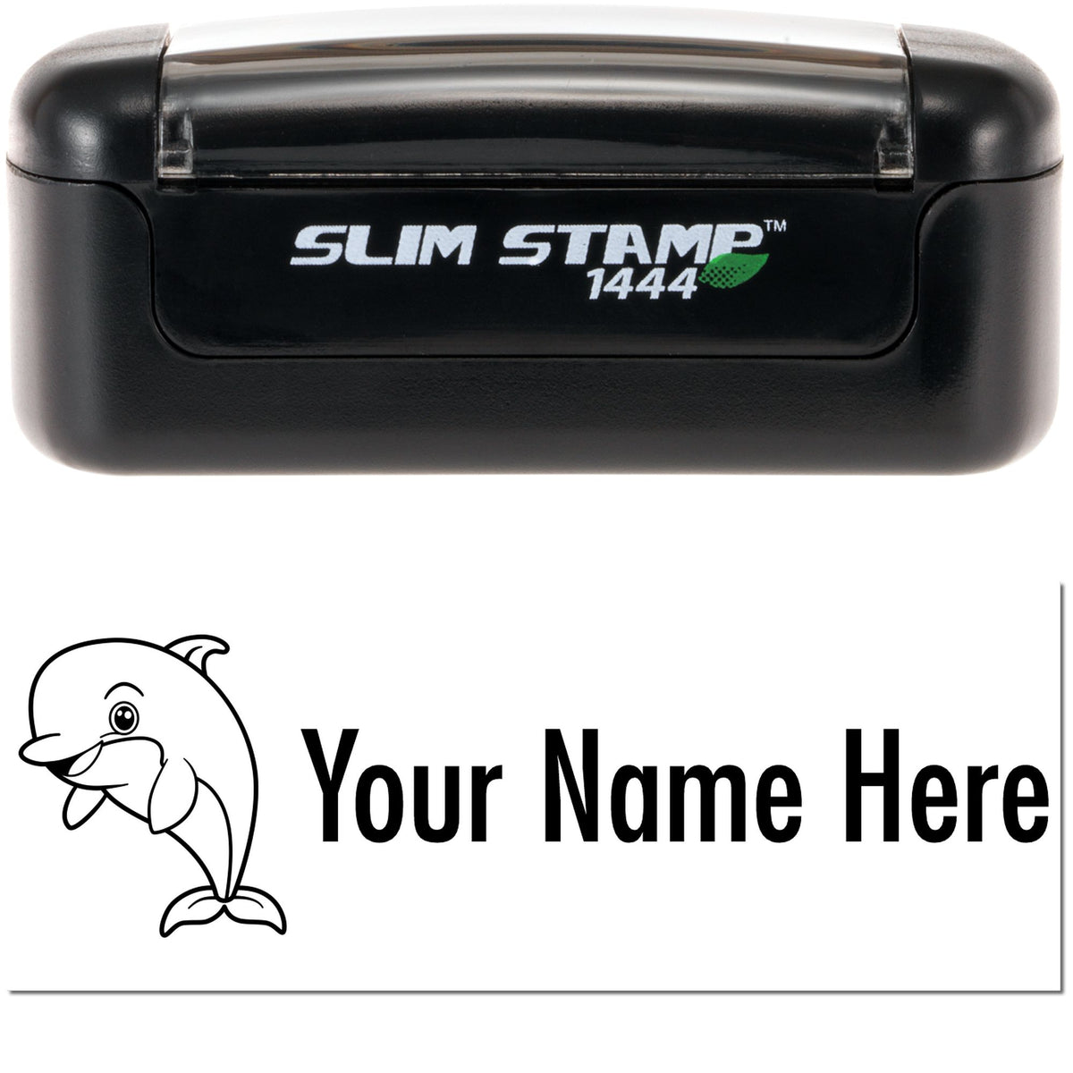 Black Slim Stamp 1444 self-inking stamp and seal with dolphin logo, white text, and customizable Your Name Here imprint.