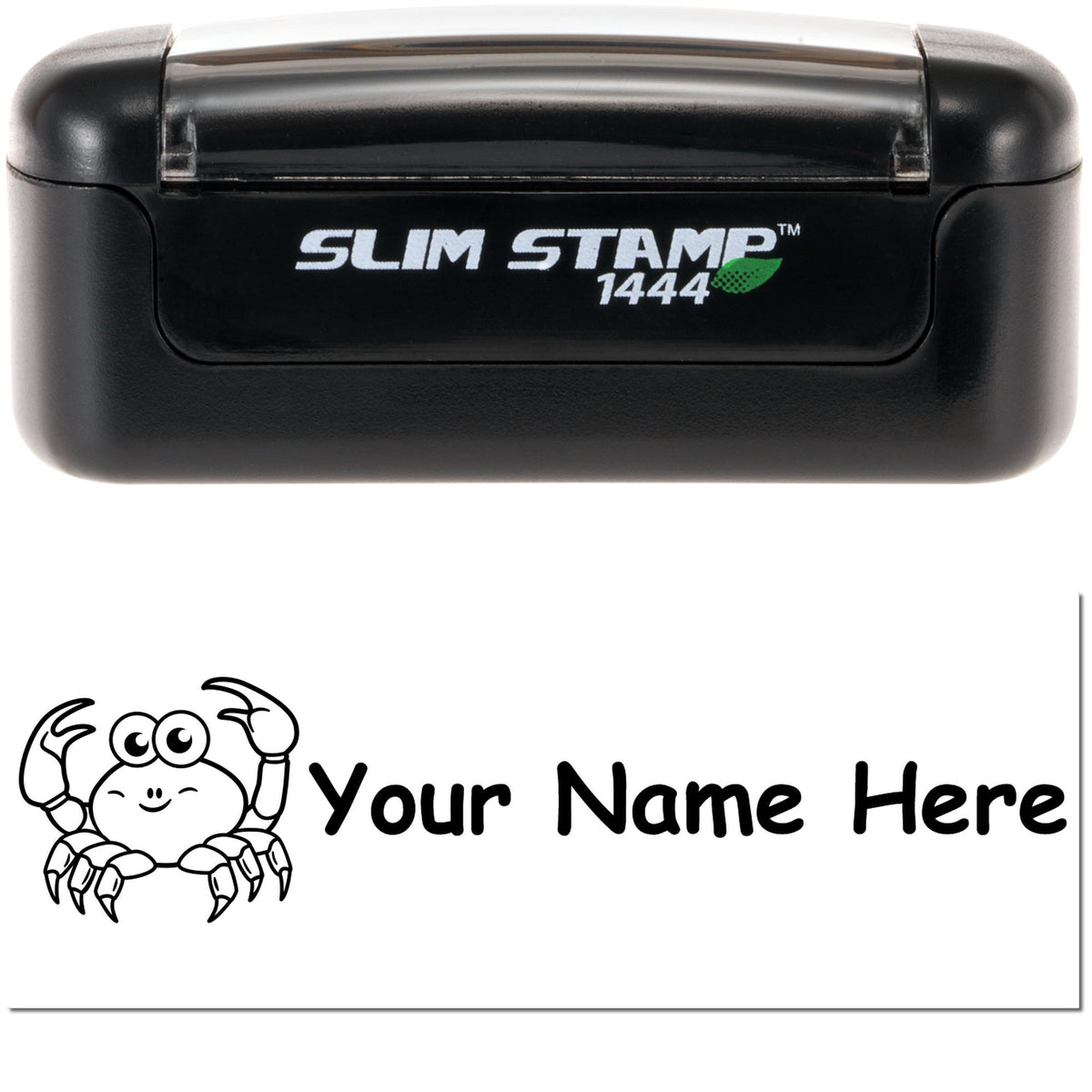 Black Slim Stamp 1444 self-inking stamp with custom crab seal and bold black Your Name Here text.