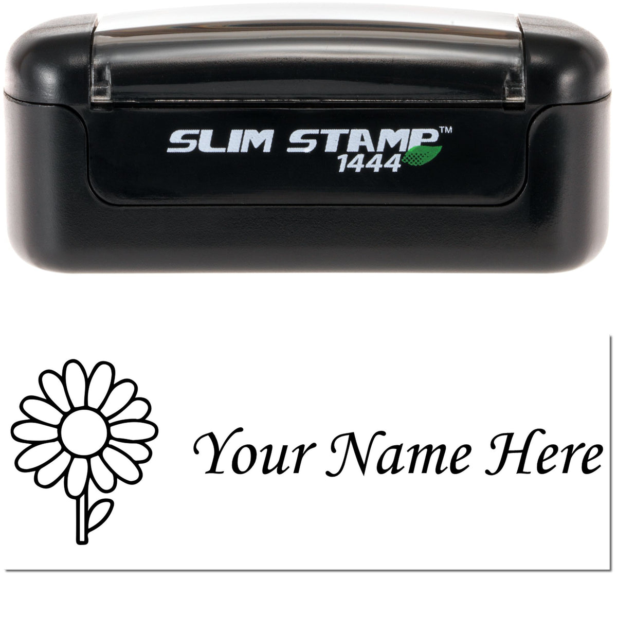 Black Slim Stamp 1444 self-inking custom seal with white flower logo and Your Name Here text on a white background
