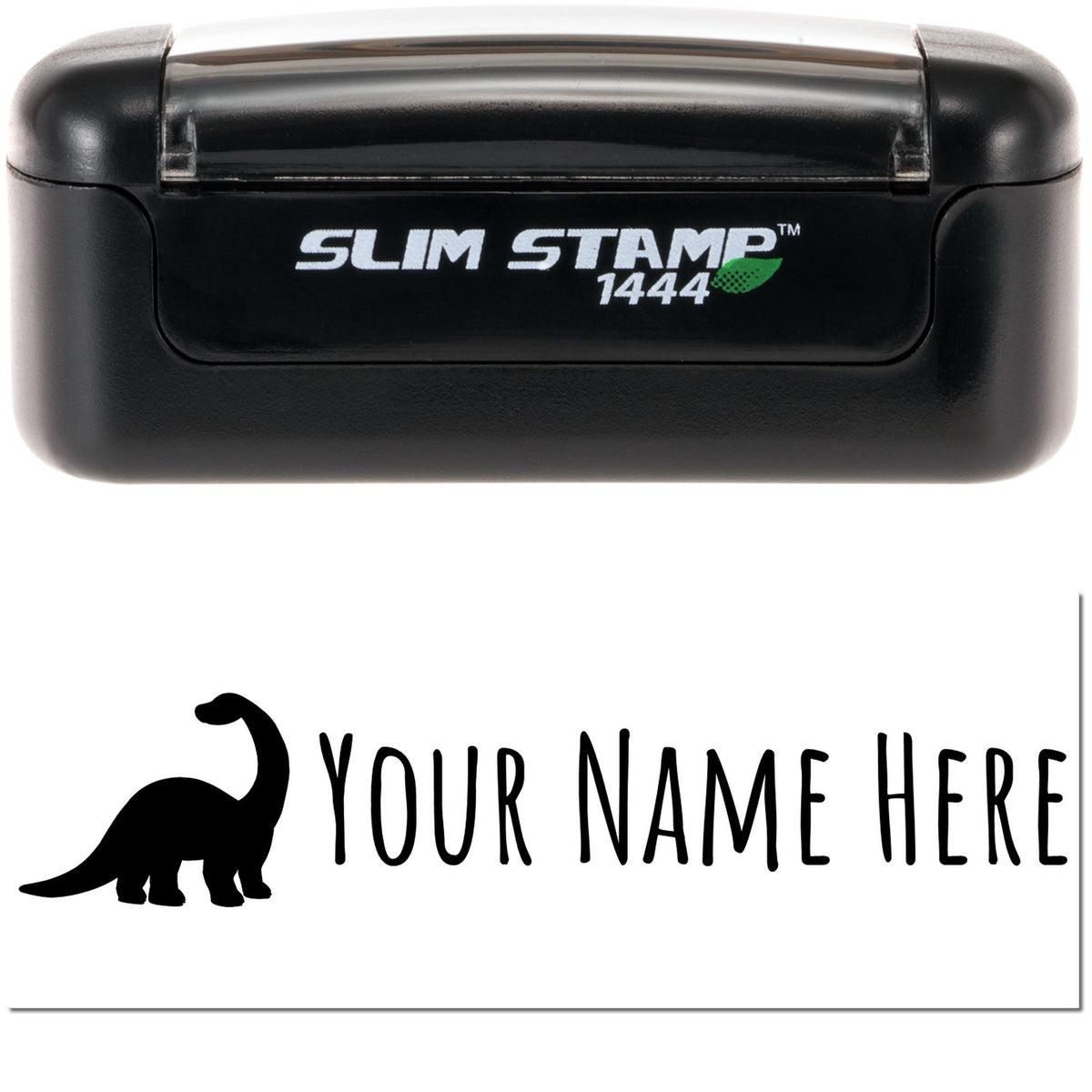 Black Slim Stamp 1444 self-inking stamp with clear cap and custom dinosaur seal reading Your Name Here.