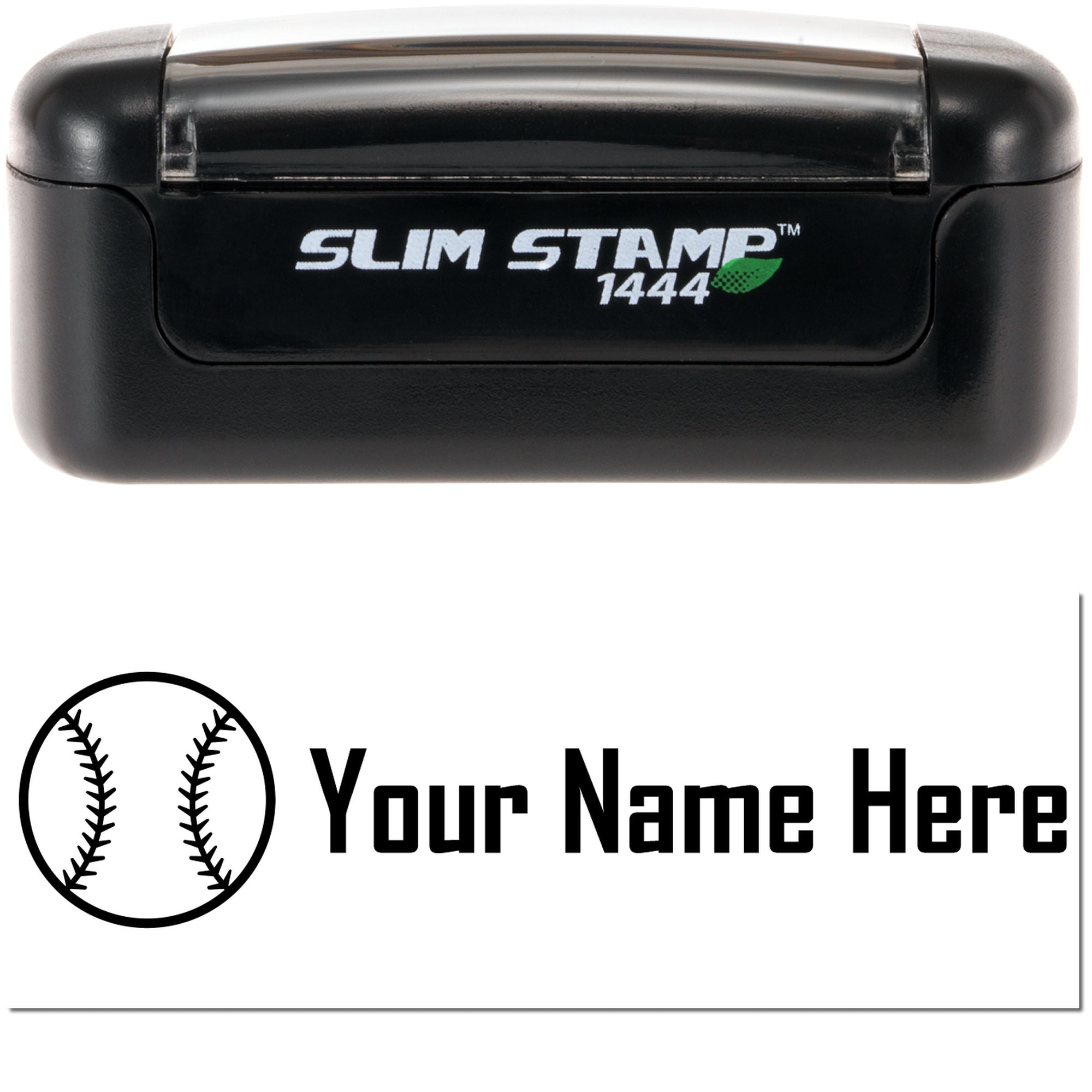 Black Slim Stamp 1444 self-inking stamp and custom baseball seal with Your Name Here on white background.