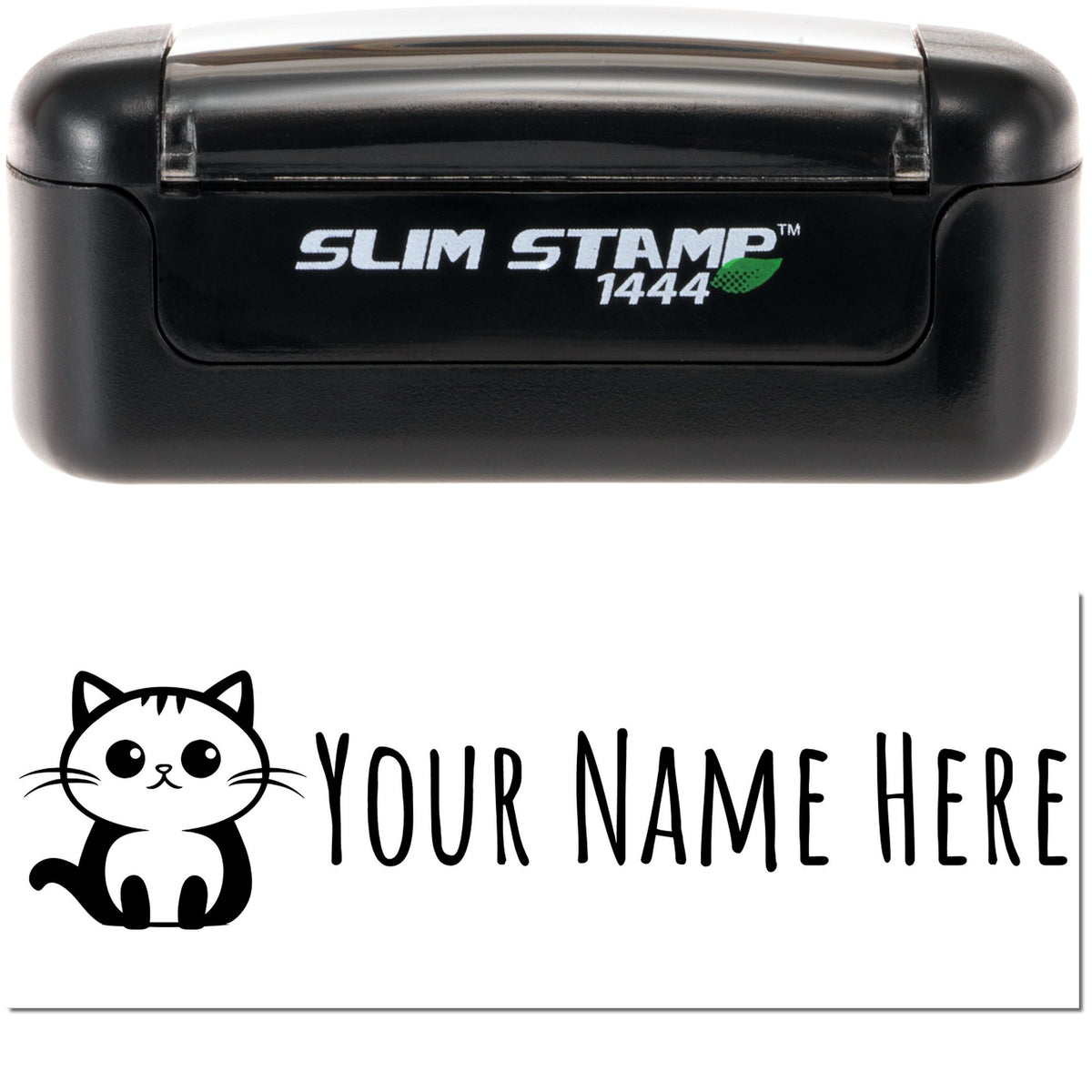 Black Slim Stamp 1444 self-inking stamp with white lettering, green leaf accent, and cat-themed name seal.