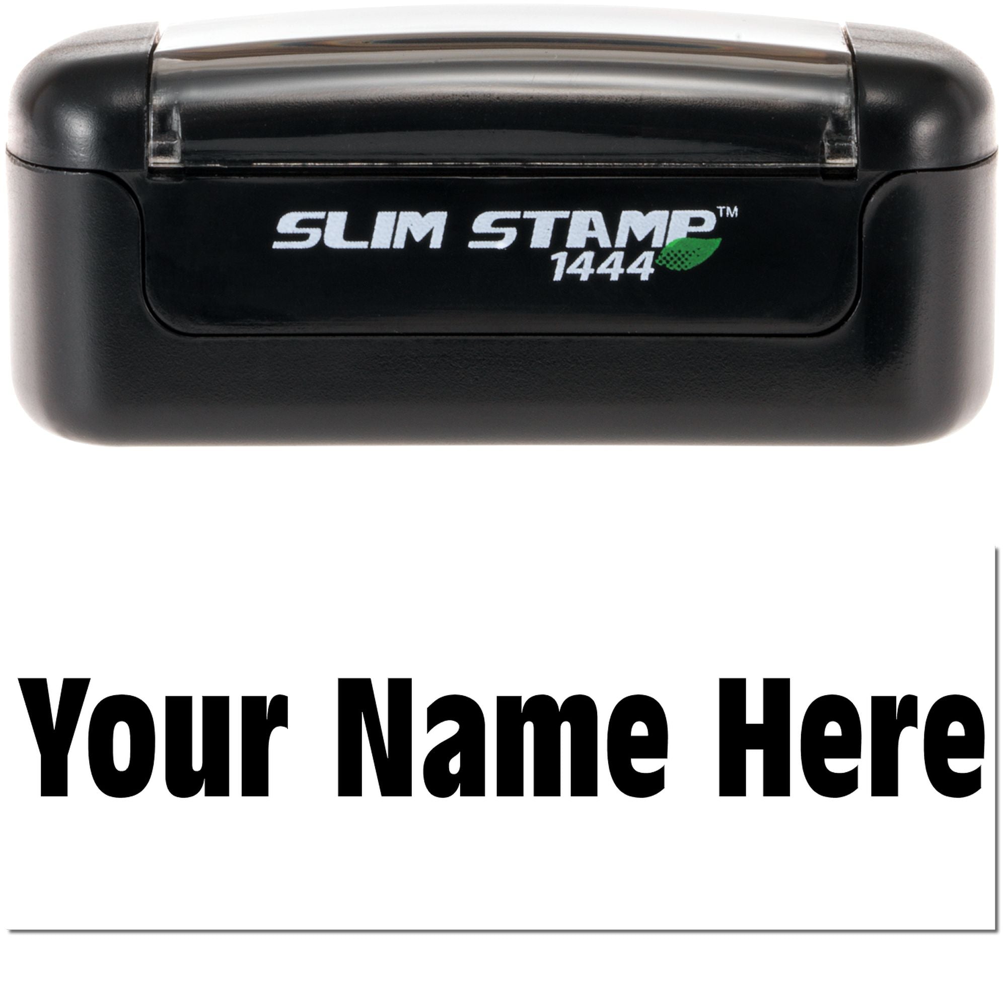 Black Slim Stamp 1444 self-inking business seal with custom name area and green leaf logo