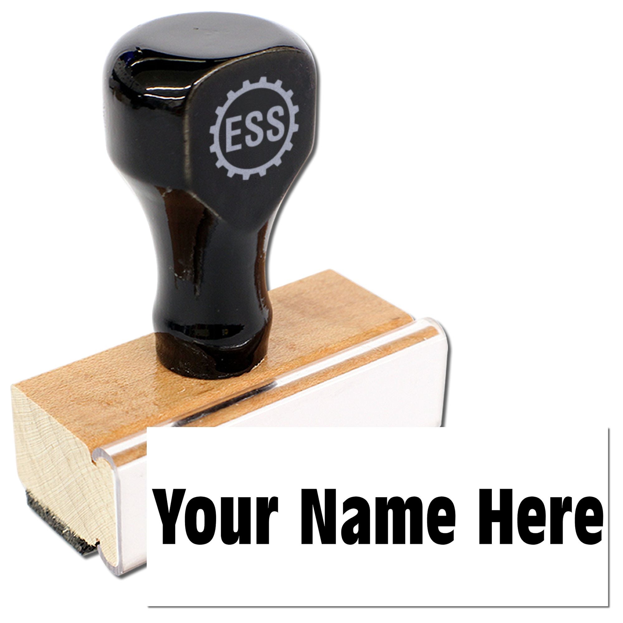 Black custom name stamp with ESS seal on a wooden handle, shown over a white card reading Your Name Here
