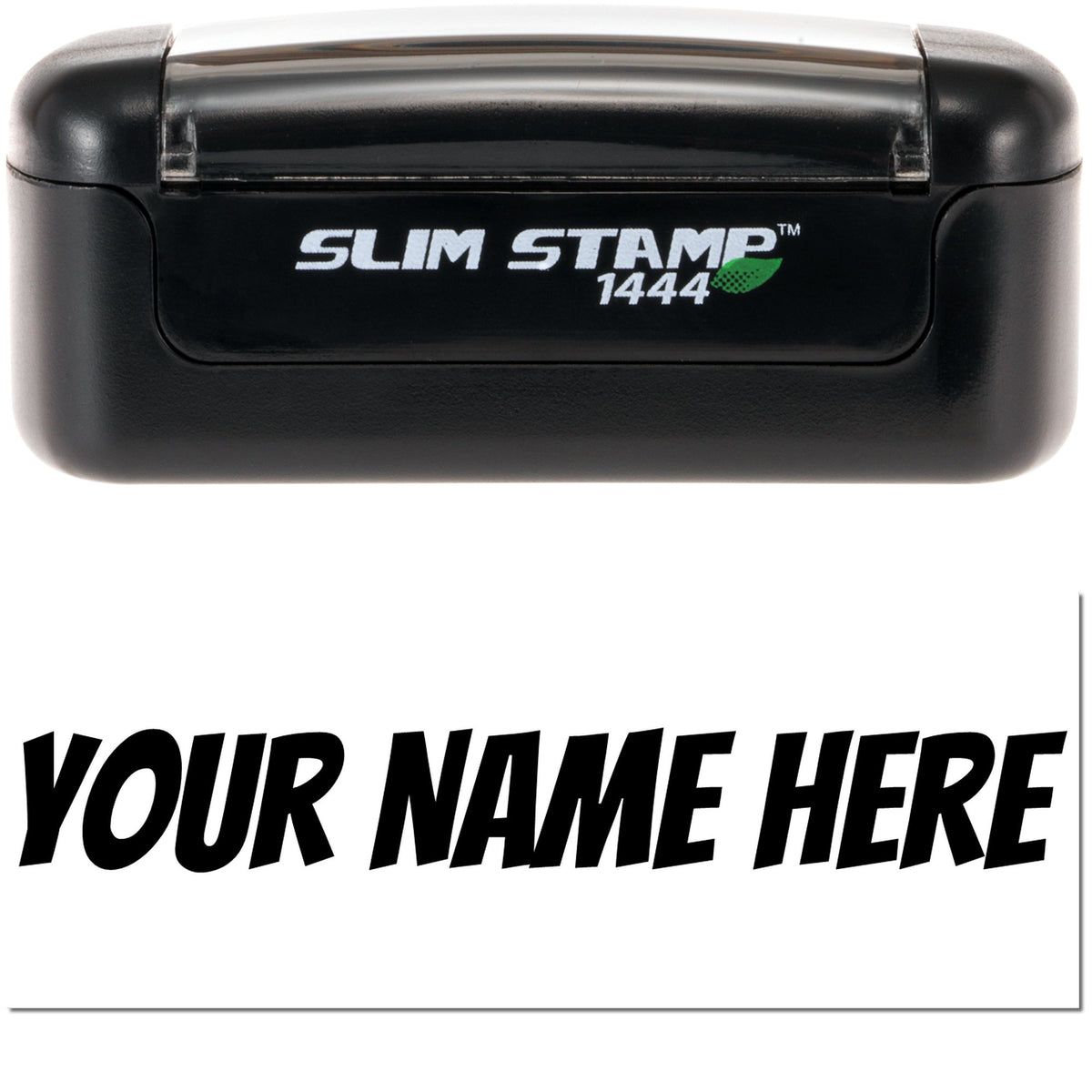 Black Slim Stamp 1444 self-inking stamp and seal with customizable name area on white background.