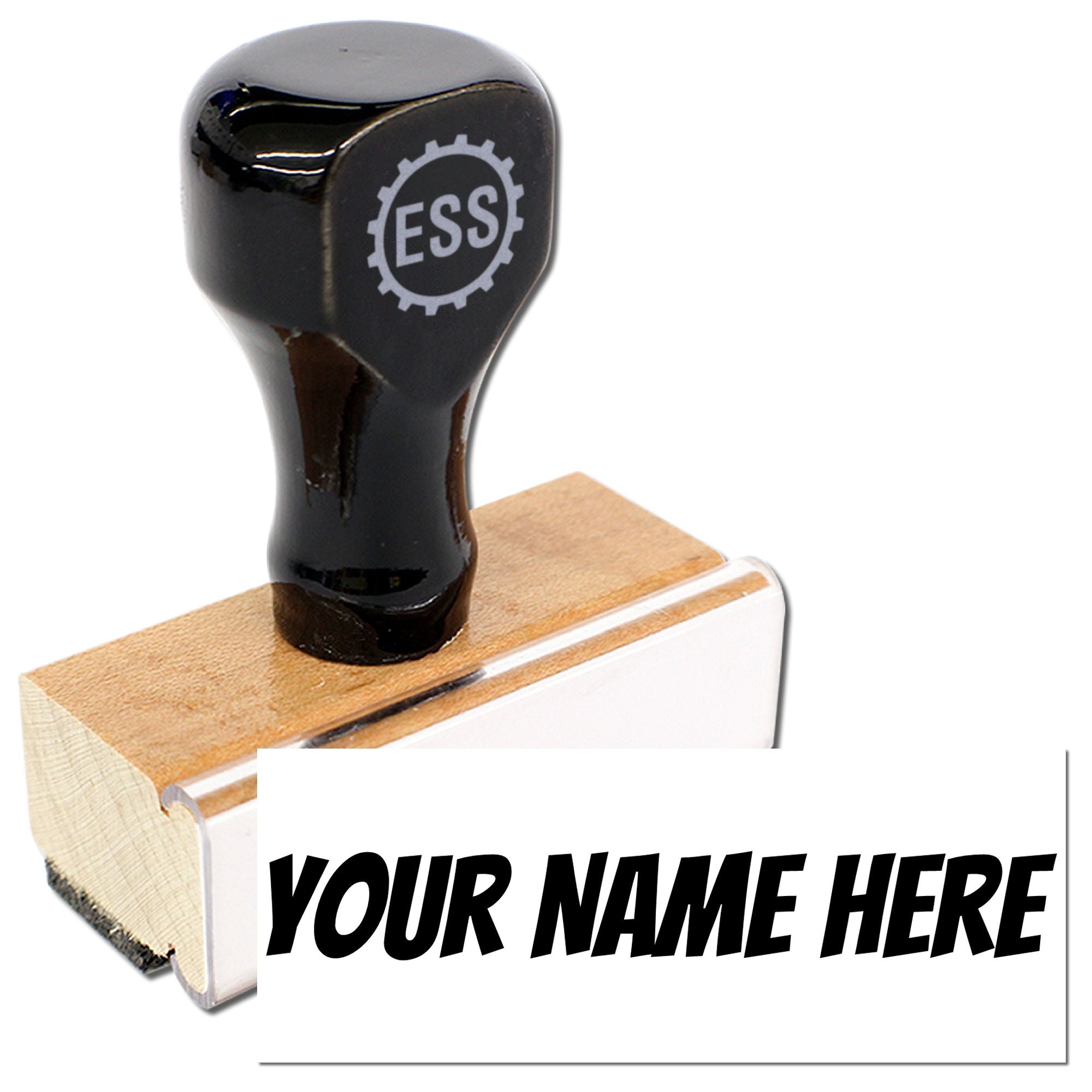 Black custom stamp and seal on wooden base with white card reading YOUR NAME HERE