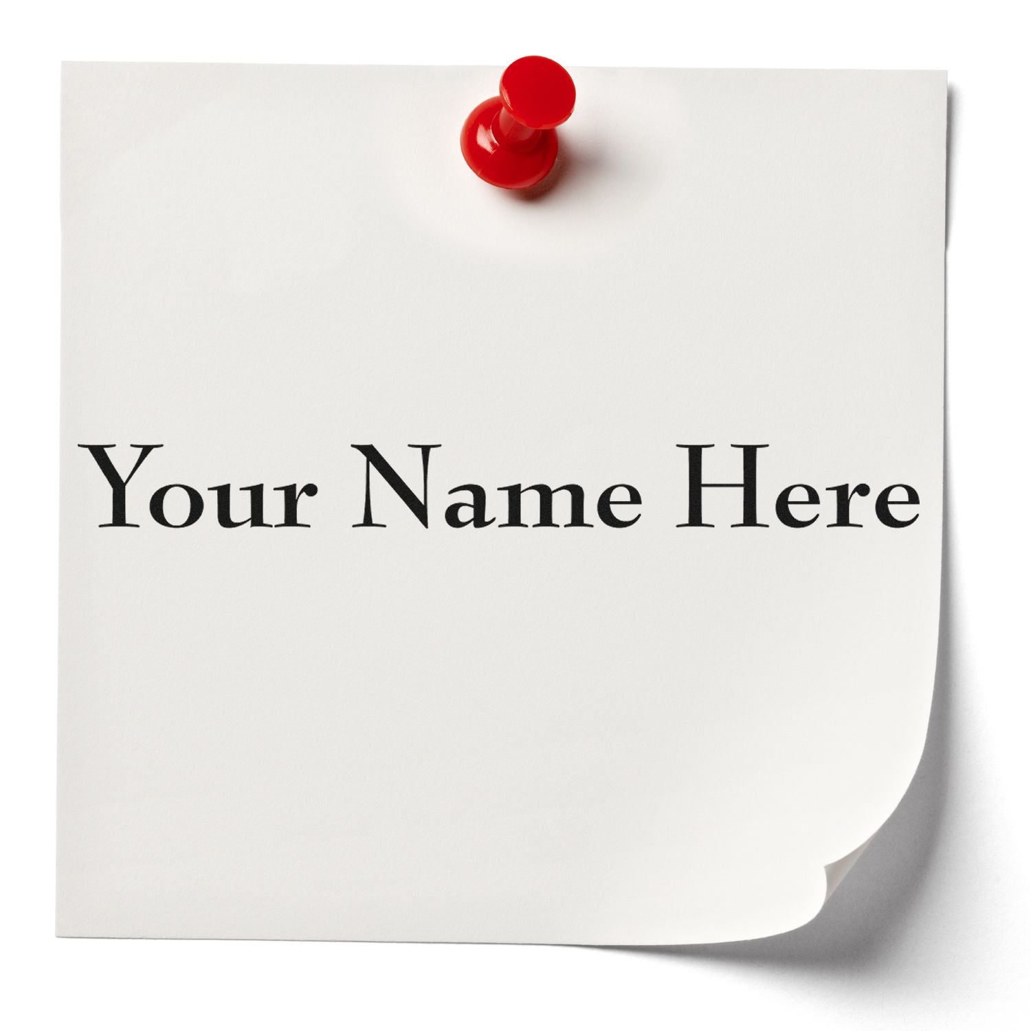 White customizable stamp and seal sheet with red pushpin, black Your Name Here text, and a curled corner.