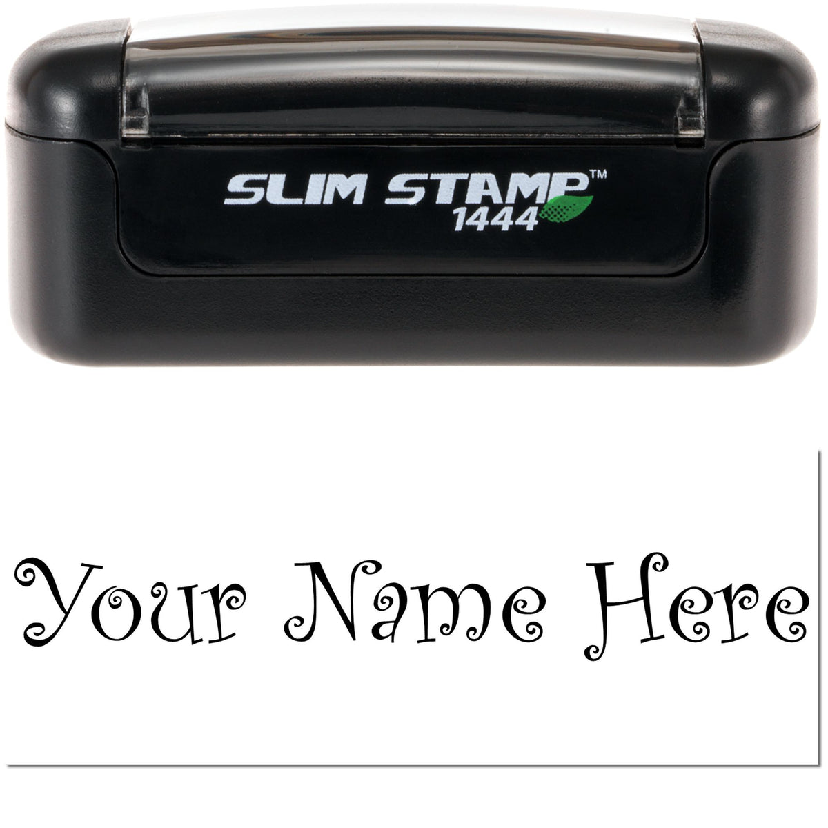 Black Slim Stamp 1444 self-inking name seal with decorative Your Name Here text in black and white.