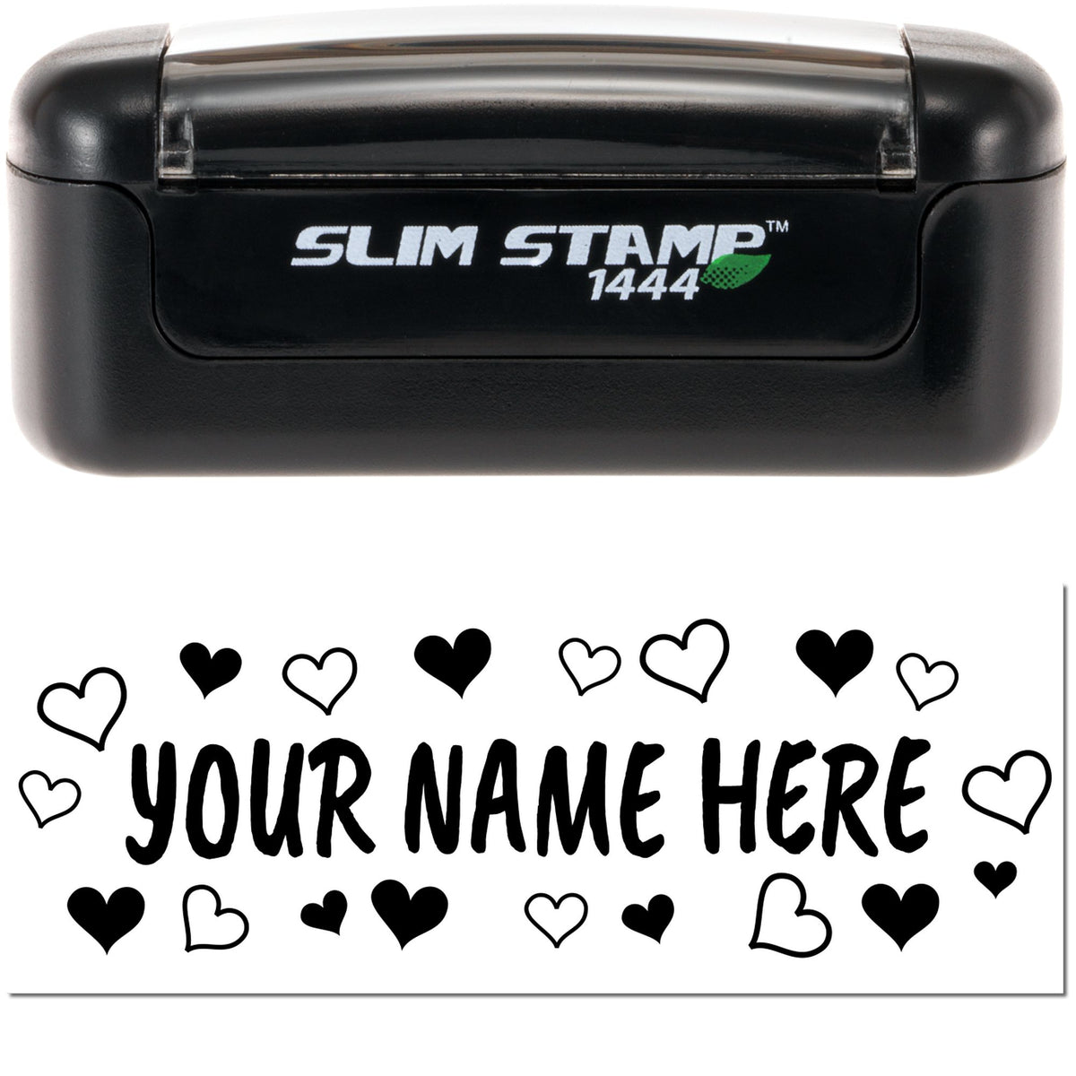 Black Slim Stamp 1444 self-inking stamp and seal with heart border and YOUR NAME HERE on white background.