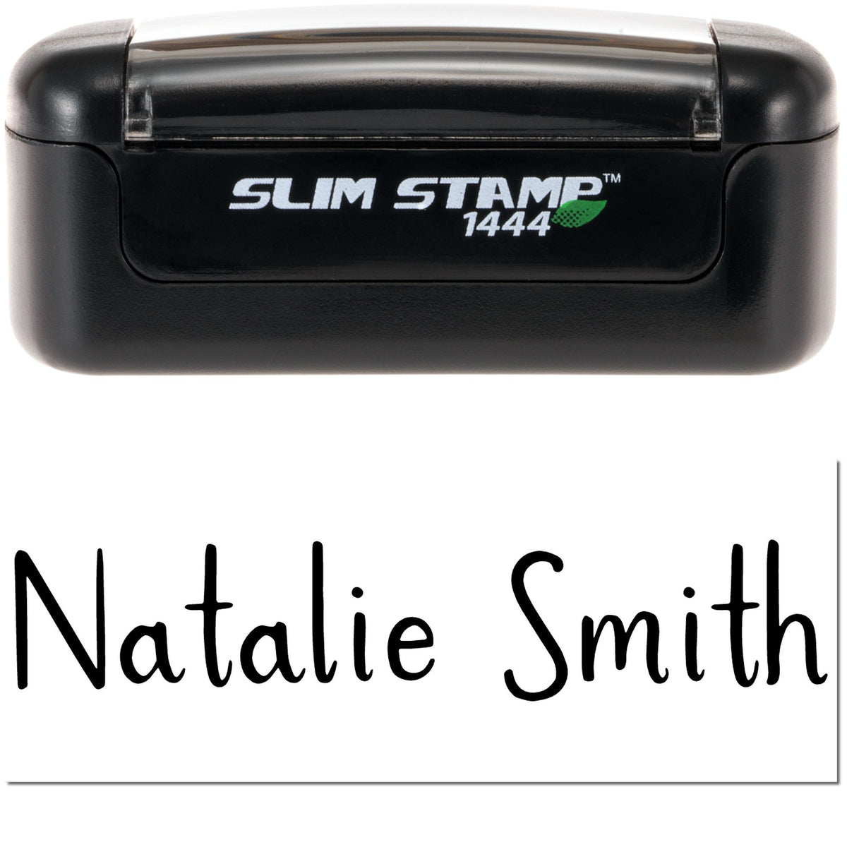 Black Slim Stamp 1444 self-inking stamp with clear seal impression reading Natalie Smith on white background