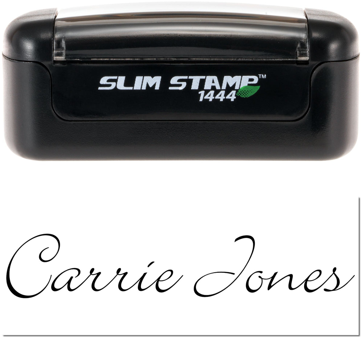 Black Slim Stamp 1444 self-inking stamp with white logo and cursive Carrie Jones seal.