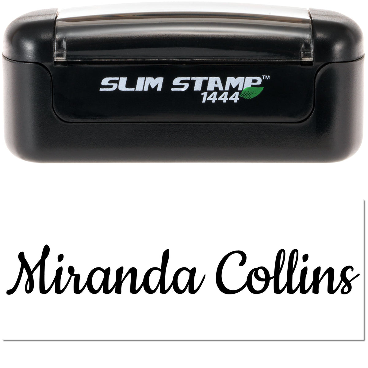 Black Slim Stamp 1444 self-inking stamp and seal with white logo, for Miranda Collins signature, on a clean white background.