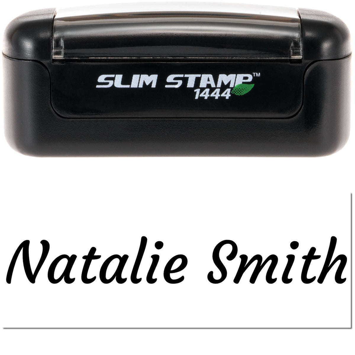 Black Slim Stamp 1444 self-inking name stamp with white text reading Natalie Smith.