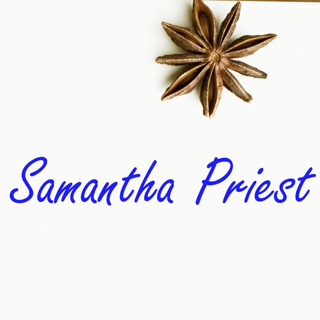 Custom stamp and seal with blue script Samantha Priest and brown star-shaped emblem on white background.
