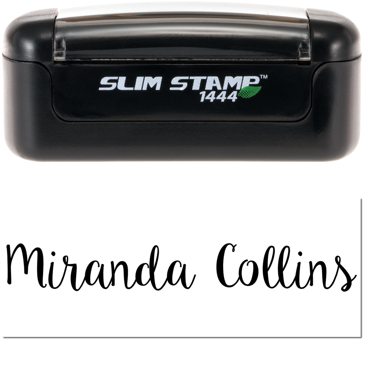 Black Slim Stamp 1444 self-inking stamp with white and green branding, showing a custom seal for Miranda Collins.