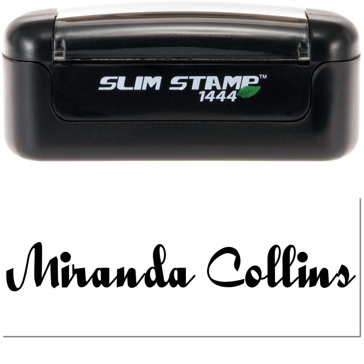 Black self-inking stamp and seal, Slim Stamp 1444, with white logo, green leaf, and custom Miranda Collins script.