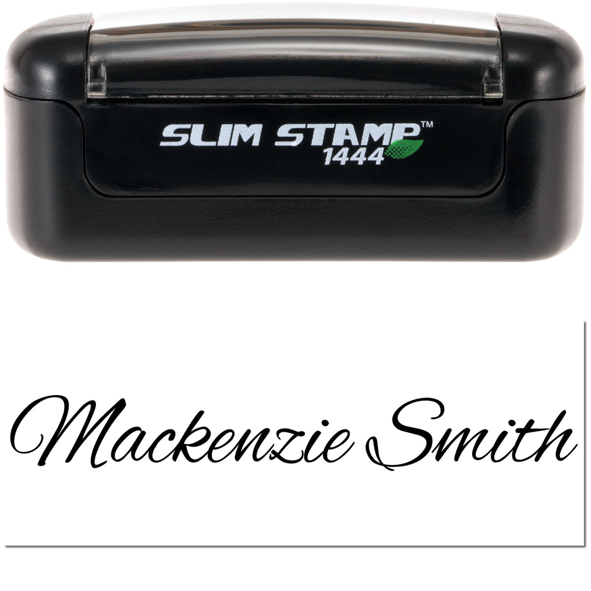 Black Slim Stamp 1444 self-inking seal with personalized Mackenzie Smith script on white background