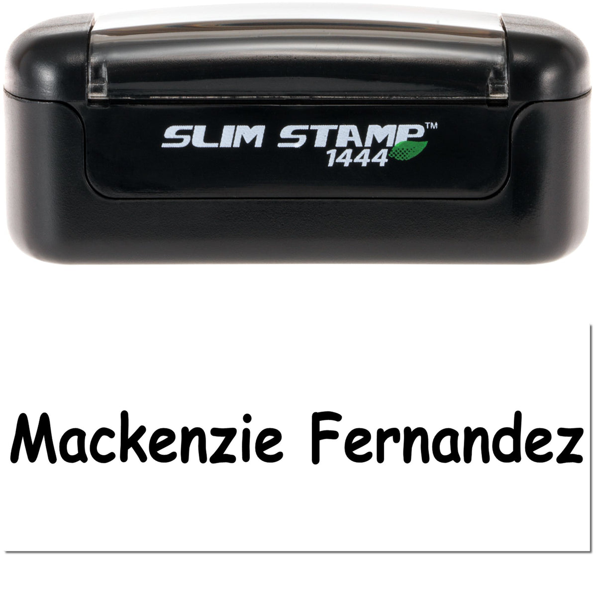 Black Slim Stamp 1444 self-inking stamp and seal with Mackenzie Fernandez in bold black on white paper.