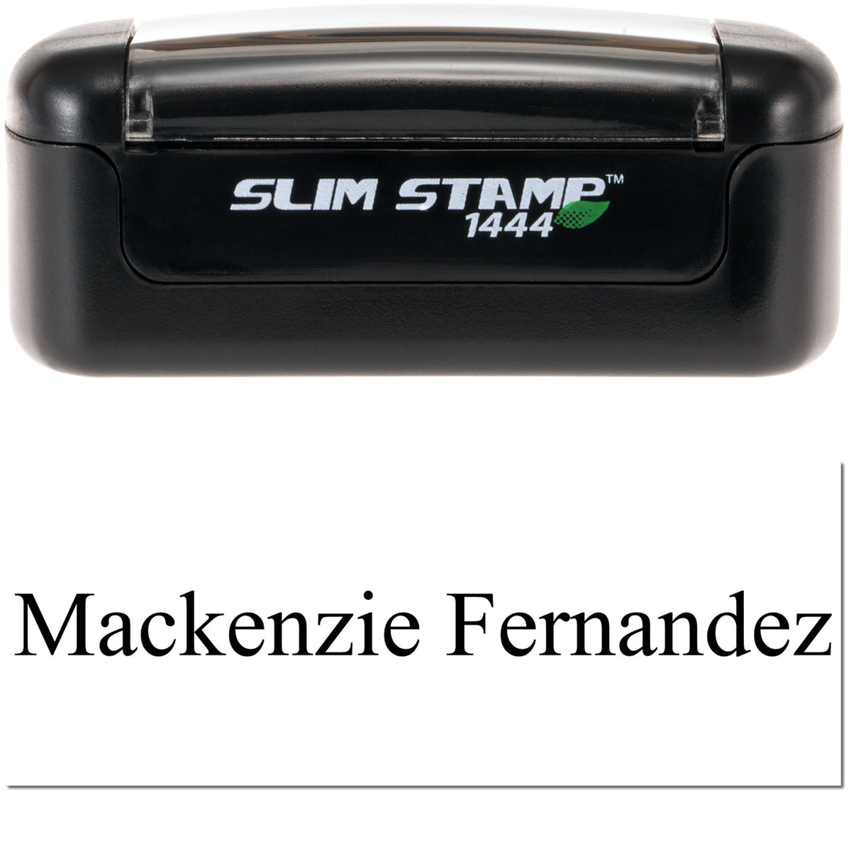 Black Slim Stamp 1444 self-inking seal with white text Mackenzie Fernandez