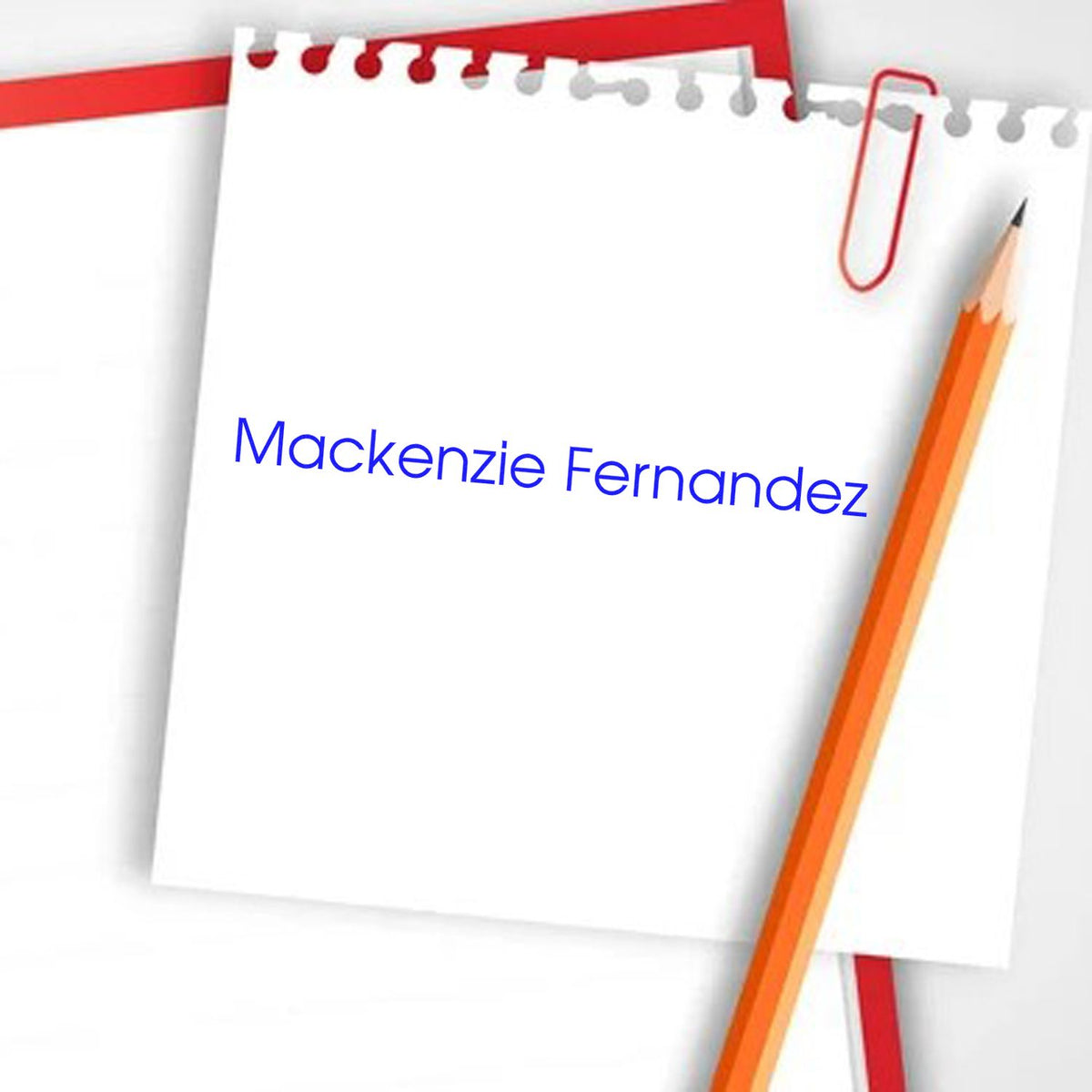 Custom stamp and seal mockup with blue Mackenzie Fernandez text, orange pencil, red paperclip, and white notepad