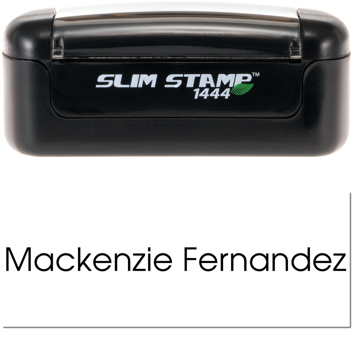 Black Slim Stamp 1444 self-inking seal with white logo, green leaf, and custom name Mackenzie Fernandez