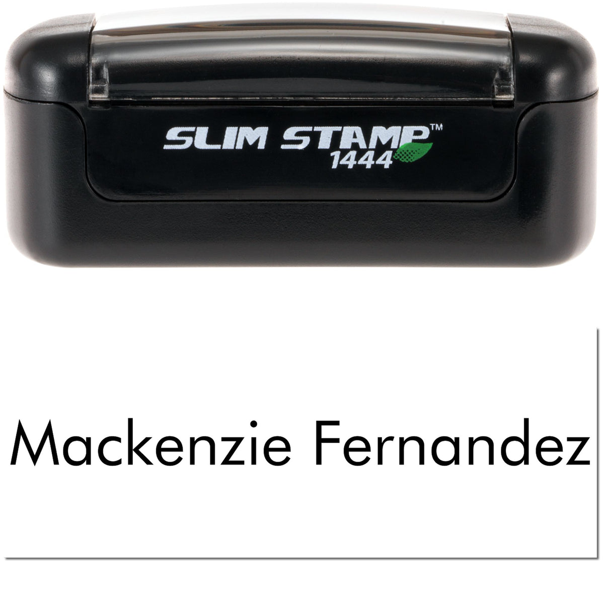 Black Slim Stamp 1444 self-inking seal, black casing with white logo and custom name Mackenzie Fernandez.