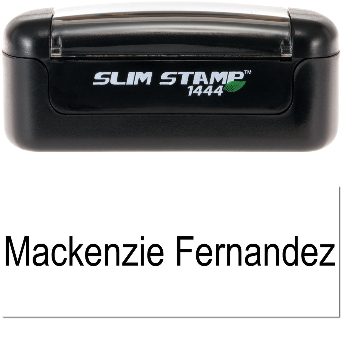 Black Slim Stamp 1444 self-inking seal with silver top, white logo, and personalized Mackenzie Fernandez text.