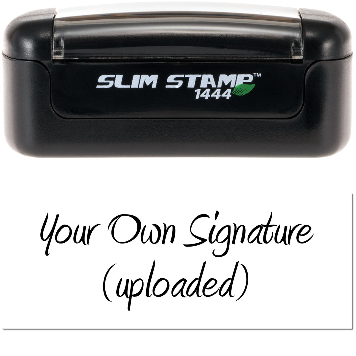 Black Slim Stamp 1444 self-inking stamp with silver top, green leaf logo, and custom signature seal text.