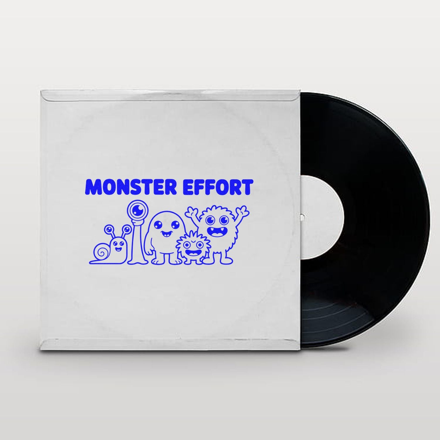 White stamp and seal product package with blue Monster Effort monster graphic and black vinyl record