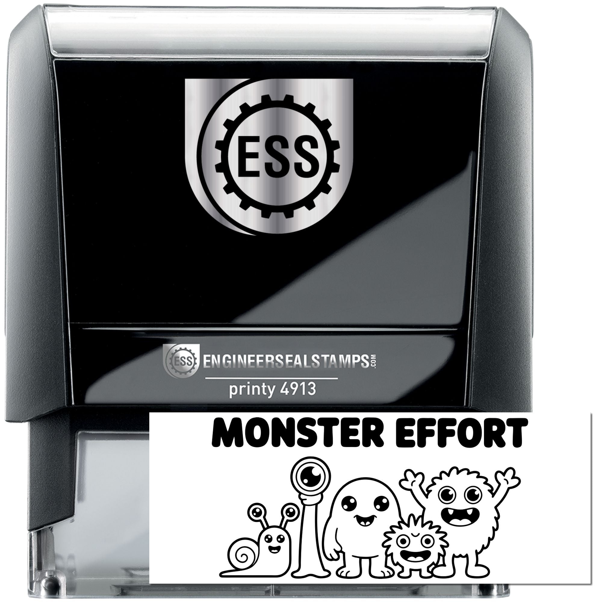 Black ESS self-inking stamp and seal with silver logo, Monster Effort design, and clear printery 4913 label.