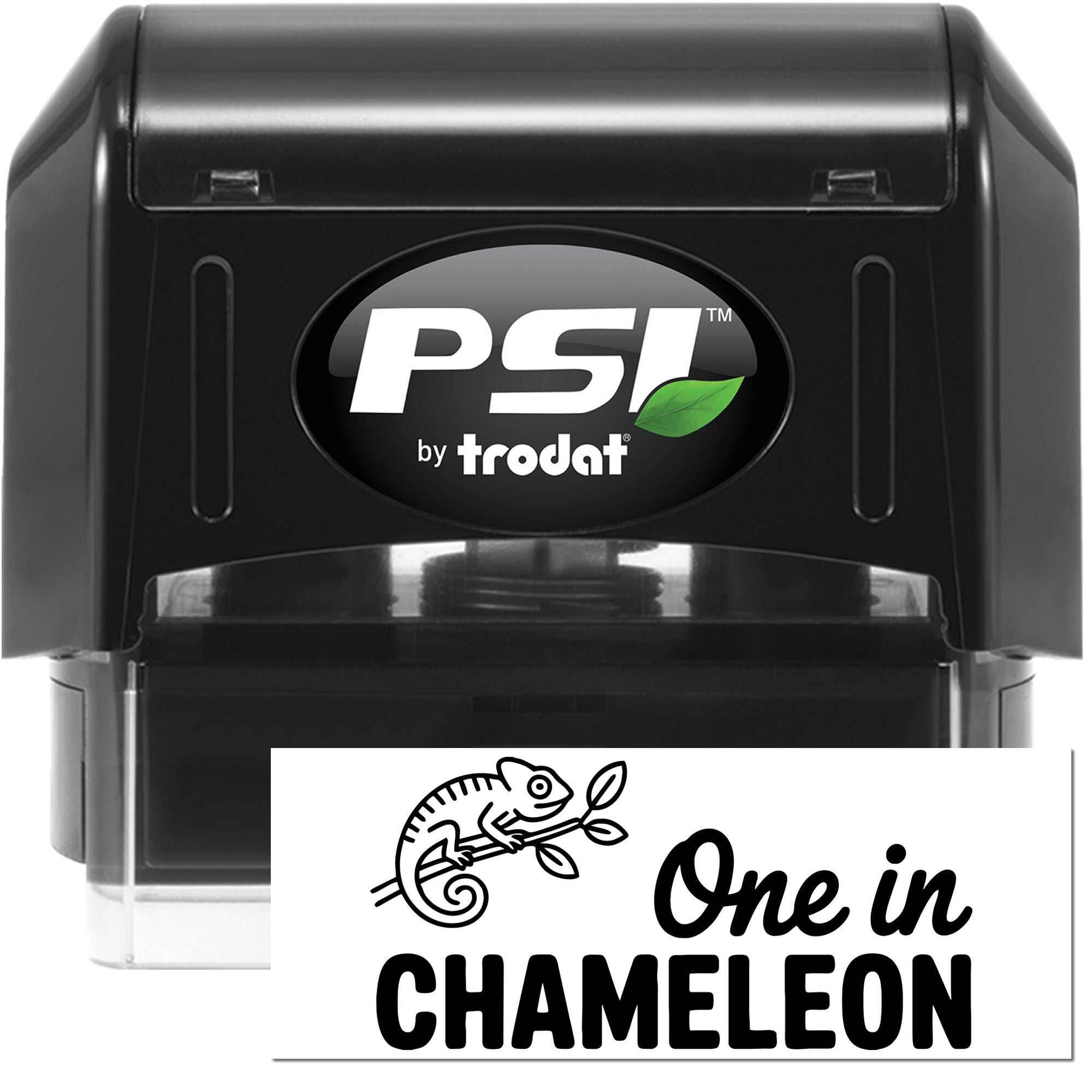 Black PSI by Trodat self-inking stamp and seal set with green leaf logo, chameleon design, and One in CHAMELEON text