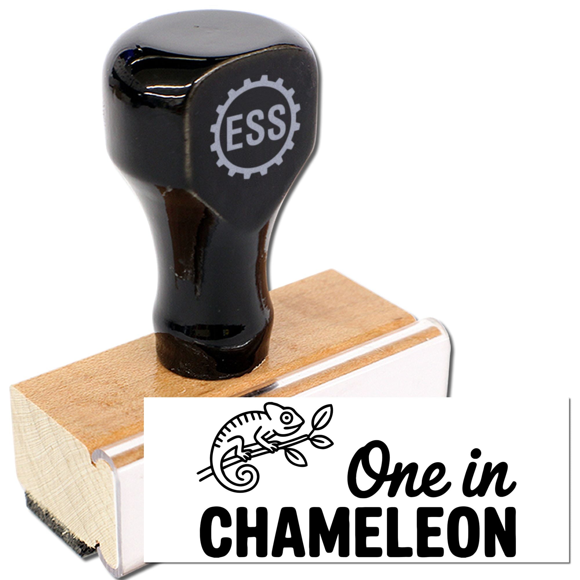 Black ESS rubber stamp seal with wooden block, chameleon logo, and One in Chameleon branding.
