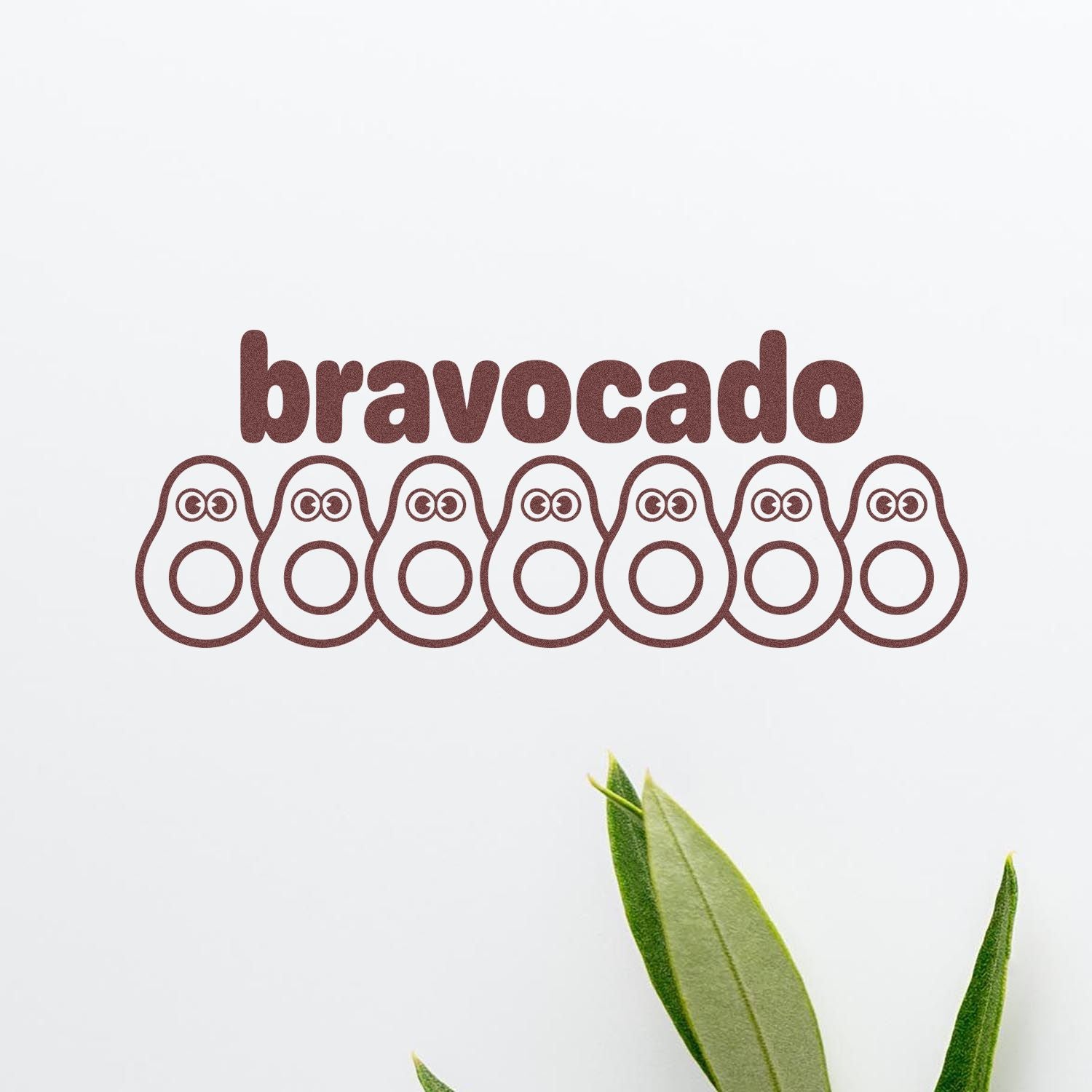 Brown bravocado stamp-and-seal design with avocado-shaped icons and green leaves on a white background.