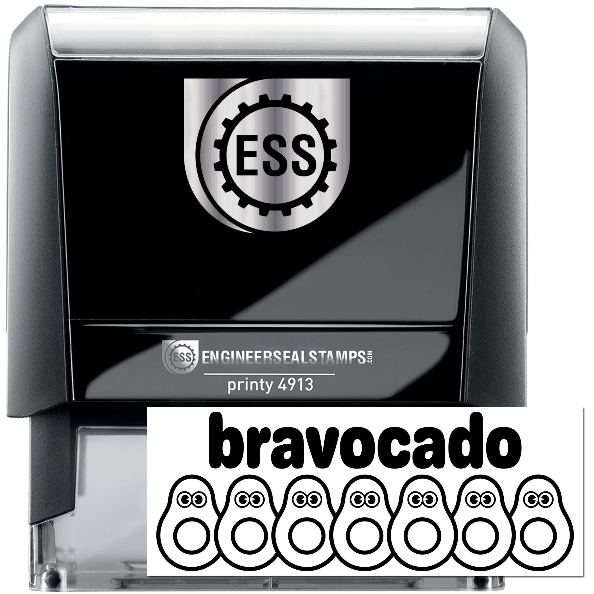 Black self-inking stamp and seal with silver ESS logo and Bravocado design on white background.