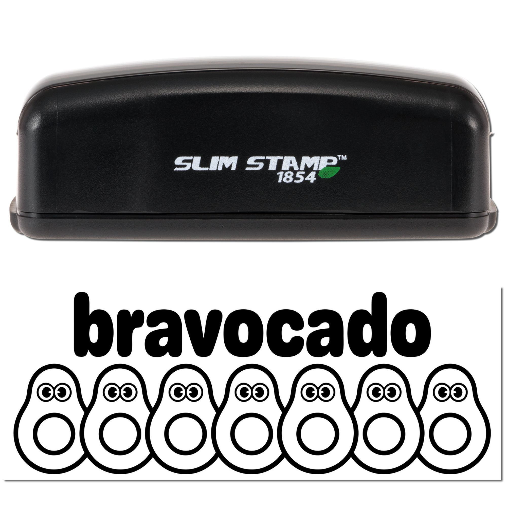 Black Slim Stamp 1854 stamp and seal product with Bravocado logo and owl icons on white background