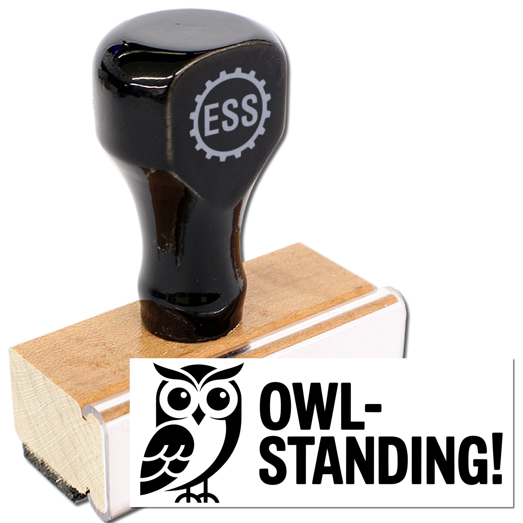 Black rubber stamp and wooden seal block with ESS gear logo, plus owl-themed OWL-STANDING seal design.