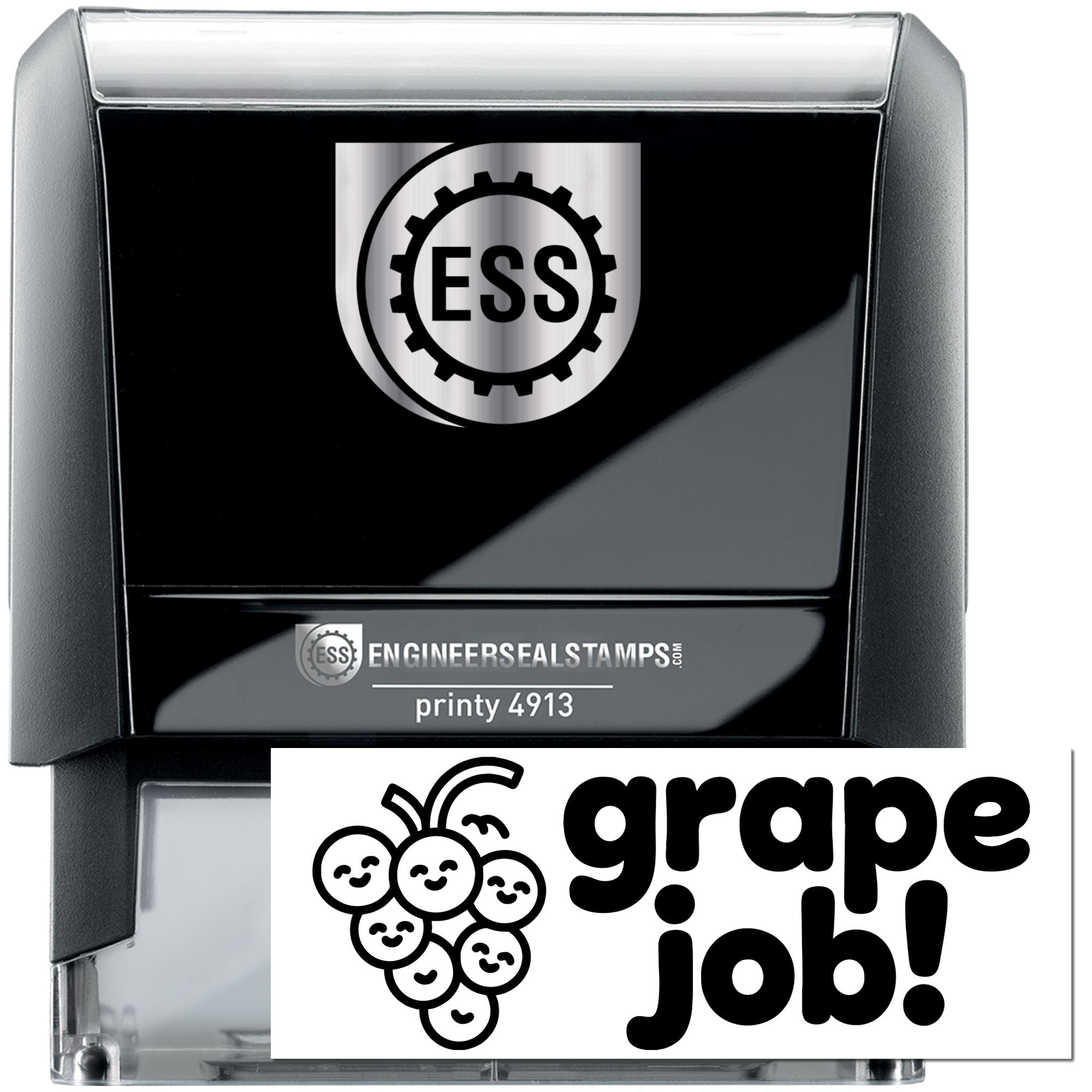 Black and silver self-inking engineer seal stamp with ESS gear logo and grape job graphic.