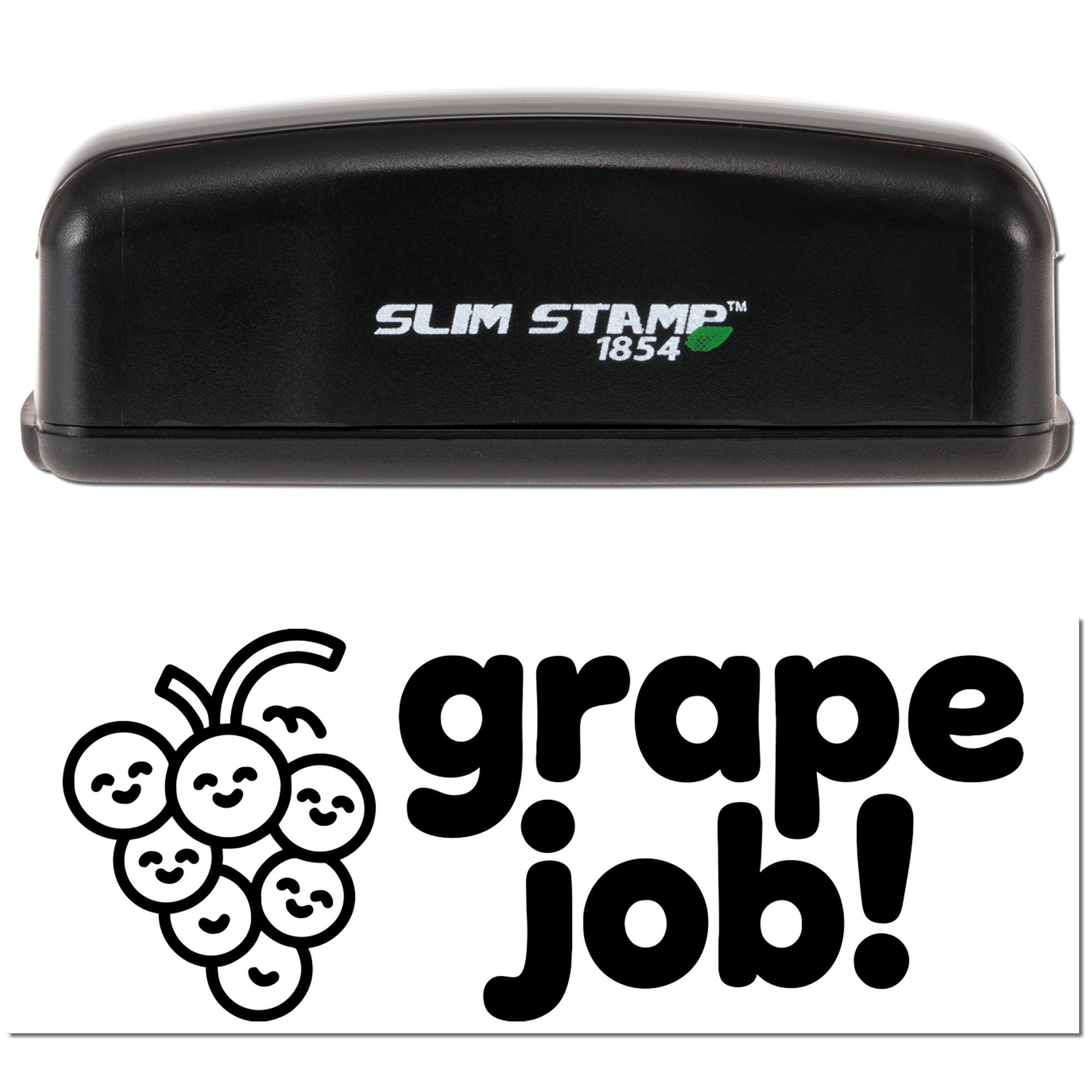 Black Slim Stamp 1854 self-inking stamp and Grape Job seal logo with smiling grape cluster on white background.