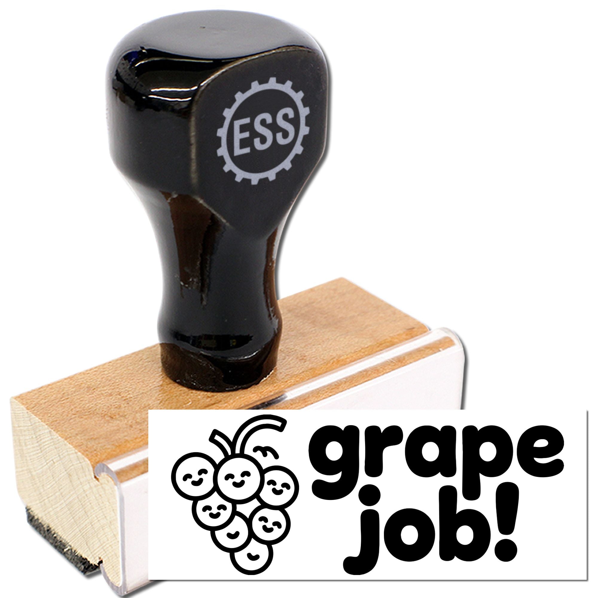 Black rubber seal stamp with wooden base and grape job logo on white background.