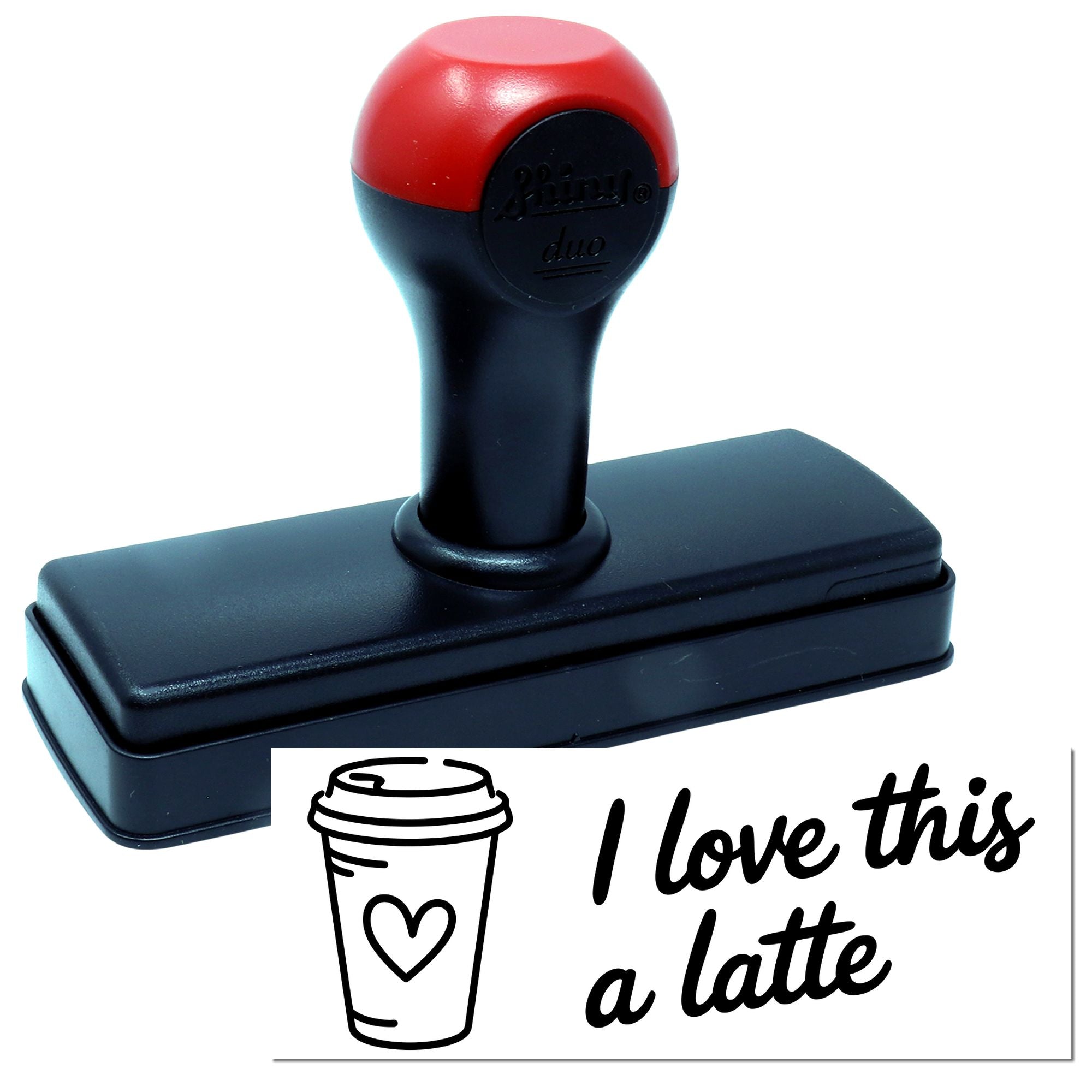 Red-and-black self-inking stamp with coffee cup heart design and I love this a latte seal imprint.
