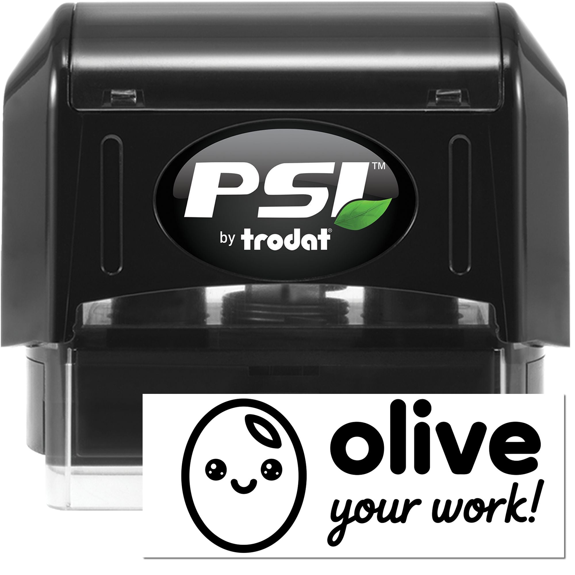 Black PSI by Trodat self-inking stamp and seal with clear case and olive logo