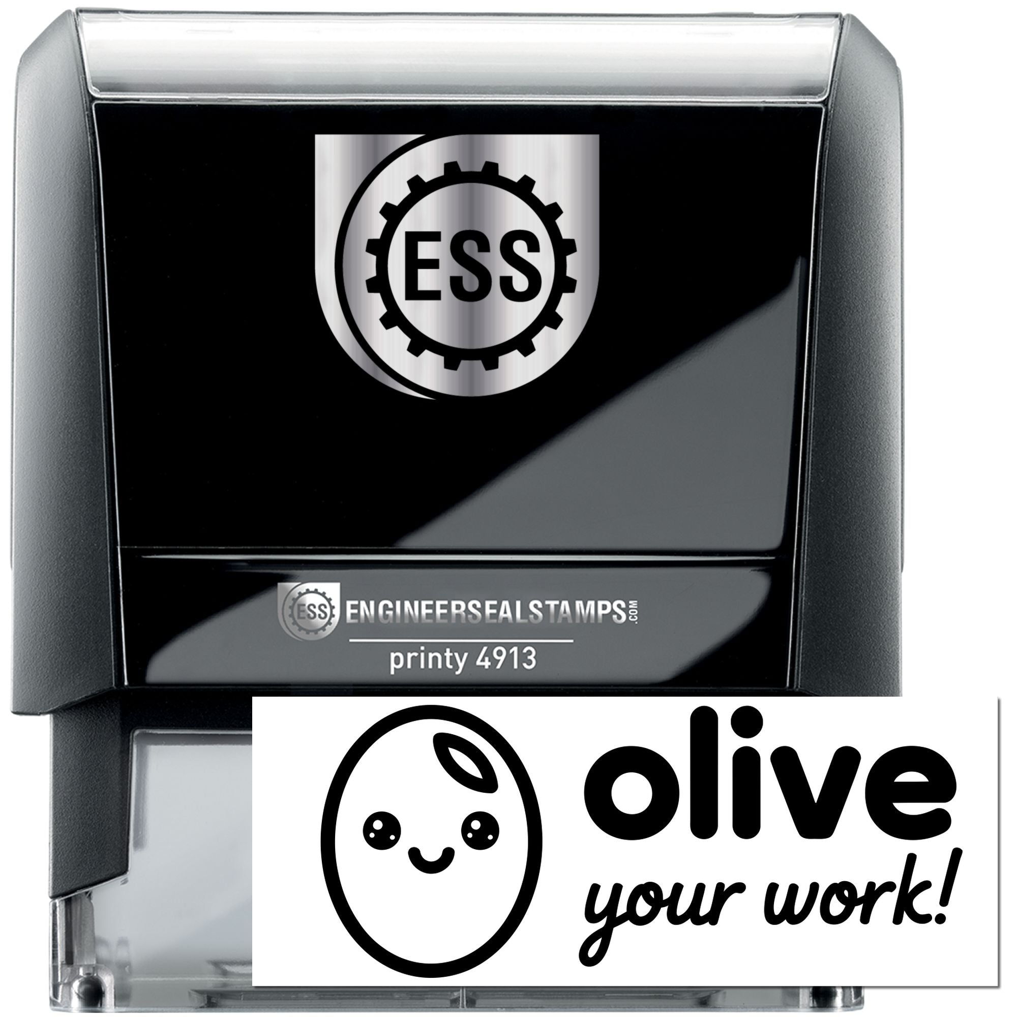Black self-inking stamp and seal with silver accents, ESS logo, printy 4913, and olive your work! design