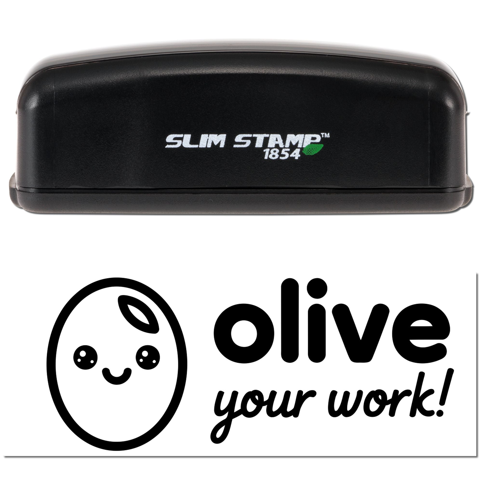 Black Slim Stamp 1854 self-inking stamp with olive-themed seal logo in black and white on a white background