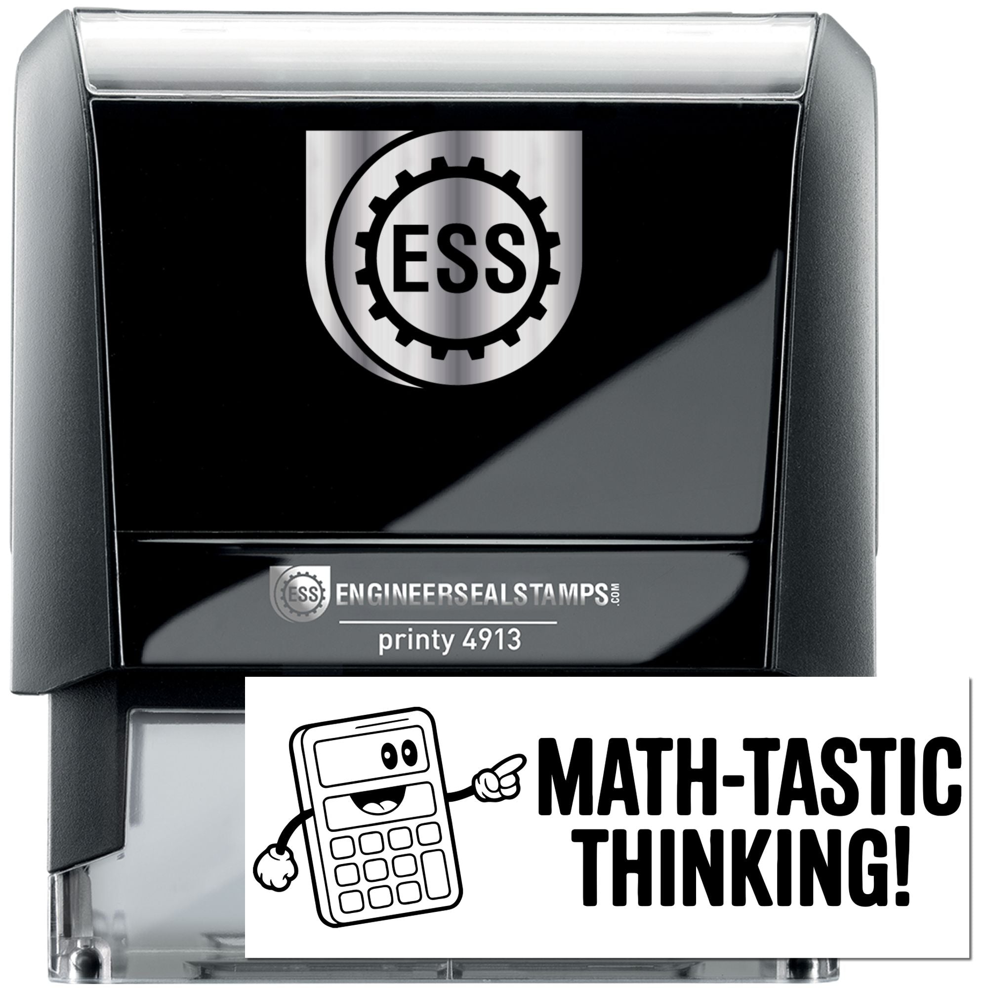 Black and gray self-inking ESS engineer seal stamp with silver top and Math-Tastic Thinking! graphic.