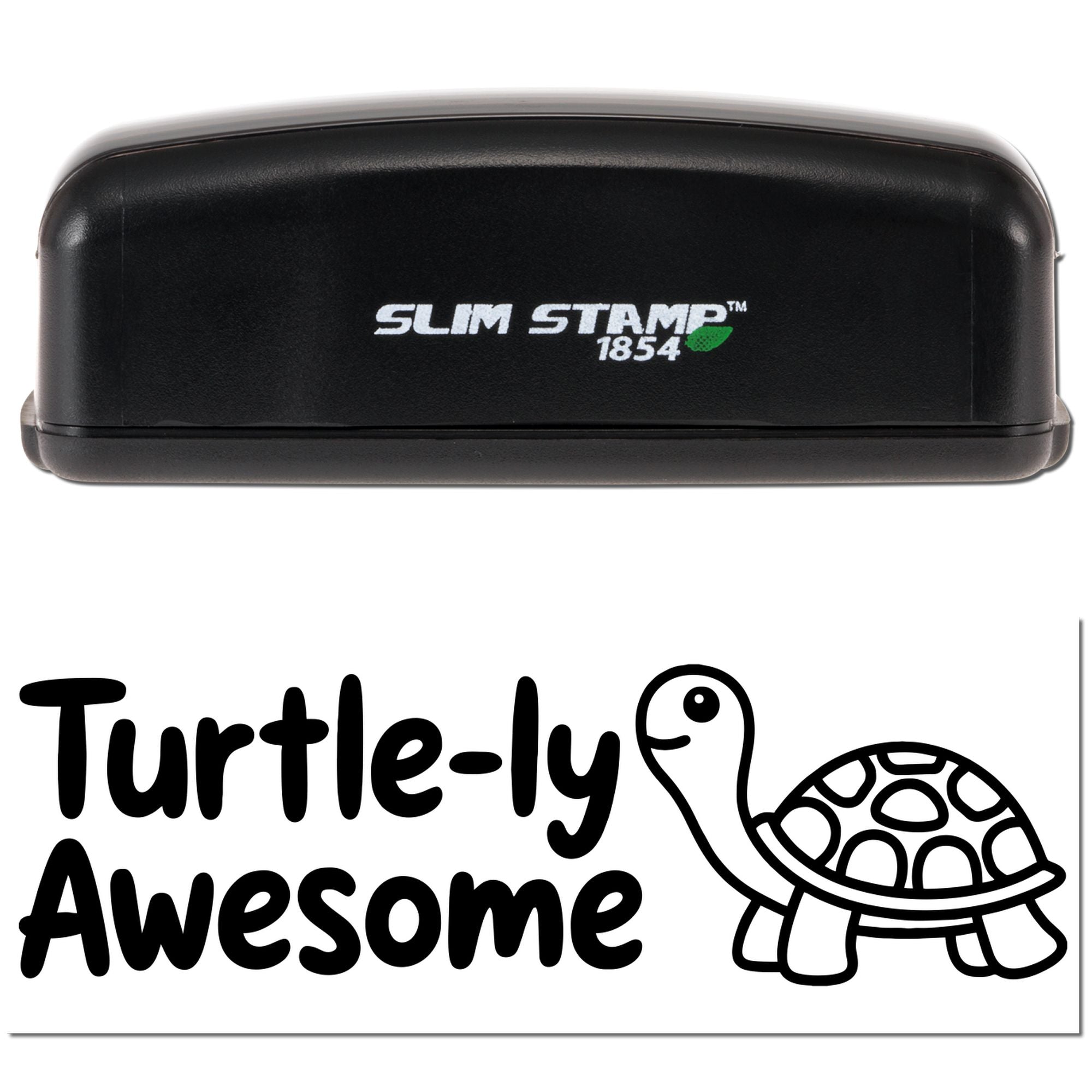 Black Slim Stamp 1854 seal embosser with white logo, above a black Turtle-ly Awesome turtle design.
