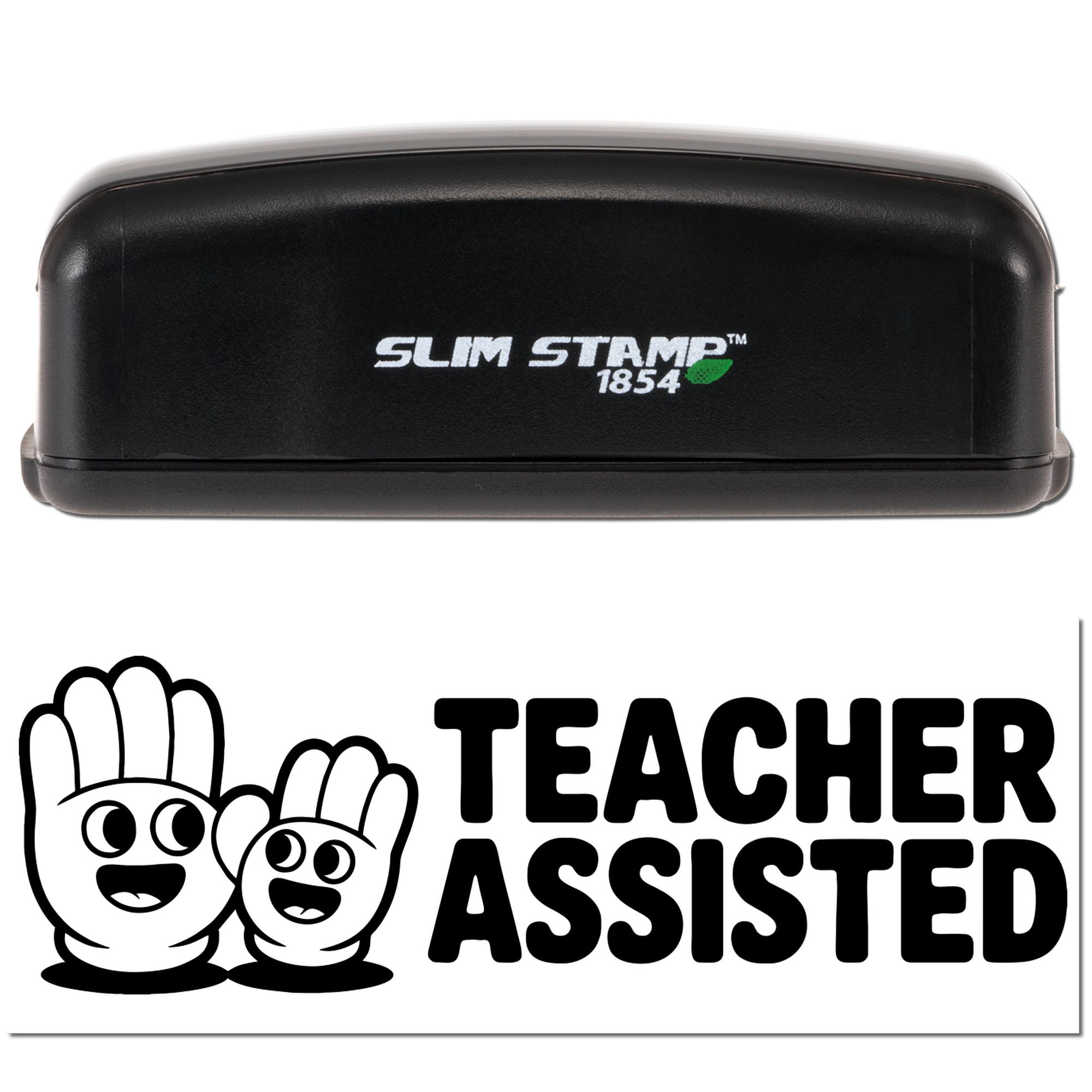 Black Slim Stamp 1854 stamp and seal case with green leaf logo above a bold Teacher Assisted logo and cartoon hands.