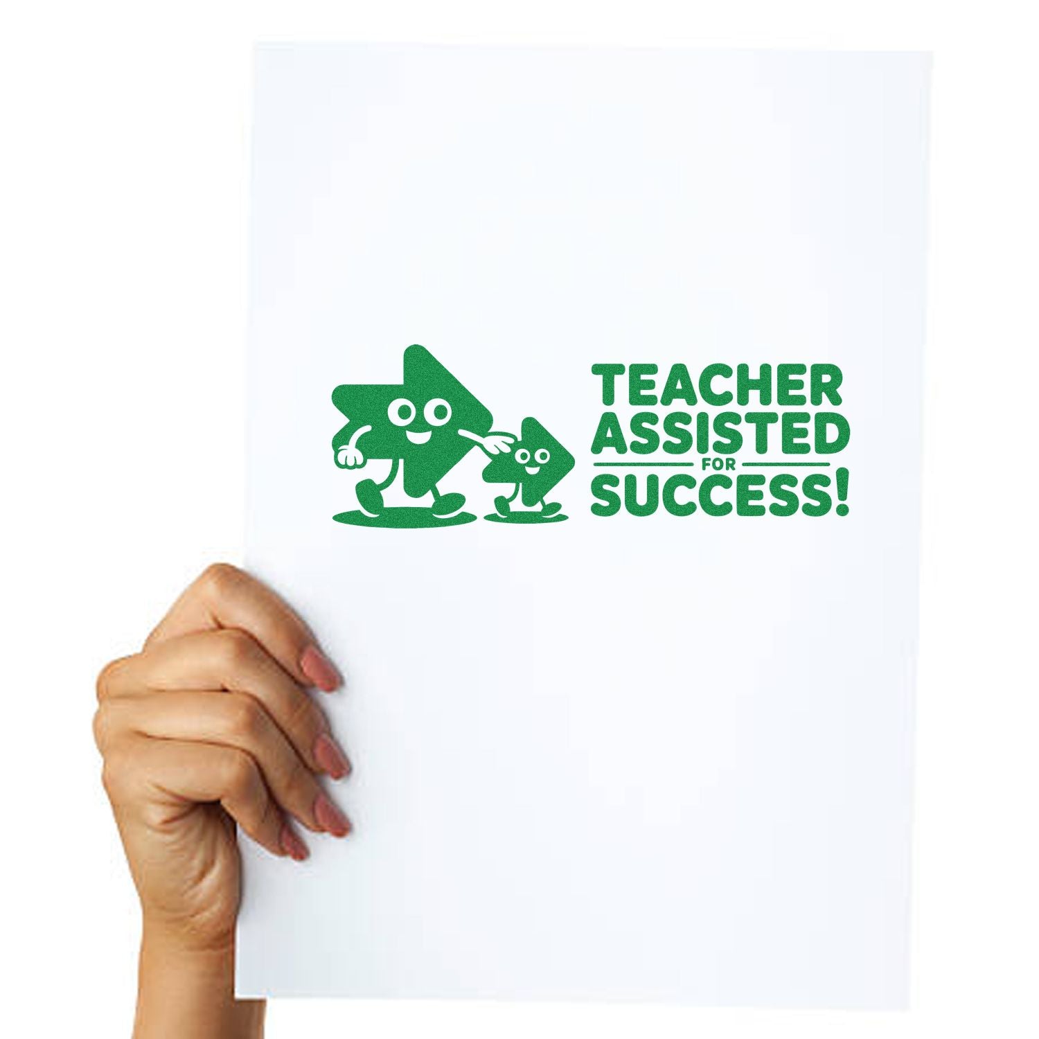 Green teacher-assist stamp seal on white paper with cartoon stars and bold Teacher Assisted for Success! text.