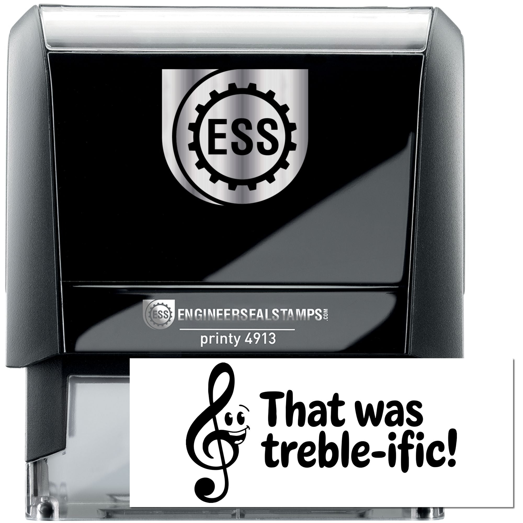 Black and silver self-inking stamp and seal with ESS gear logo and white music-themed imprint reading That was treble-ific!